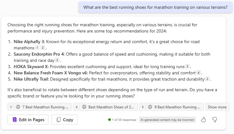 Bing AI generated result for What are the best running shoes for marathon training on various terrains