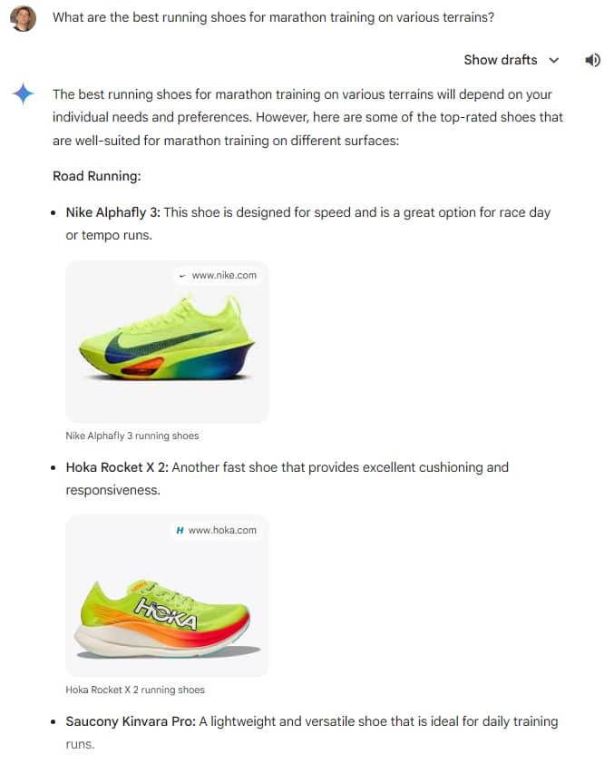 Google Gemini AI generated answer for What are the best running shoes for marathon training on various terrains